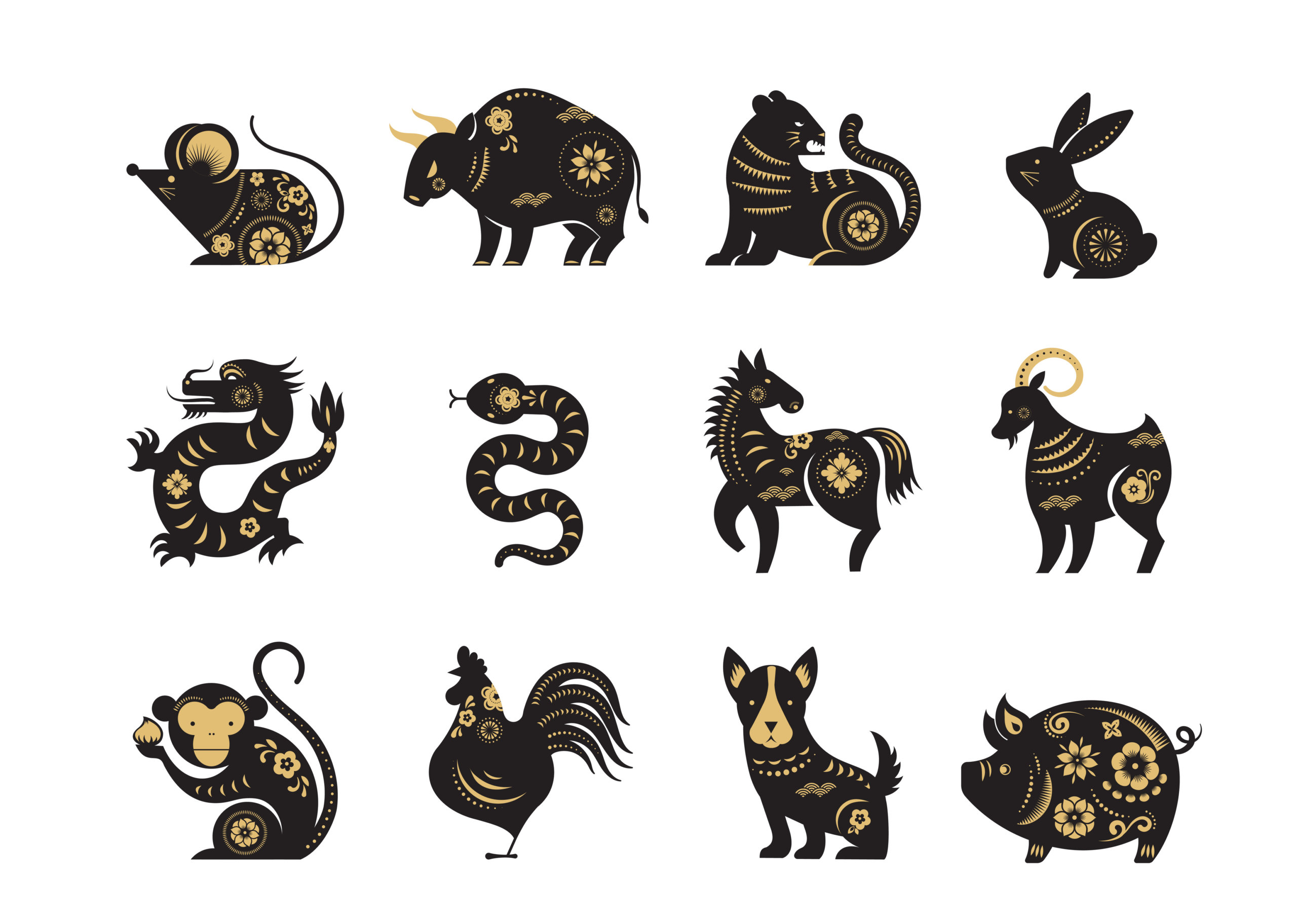 chinese new year, zodiac signs, papercut icons and symbols vector illustrations